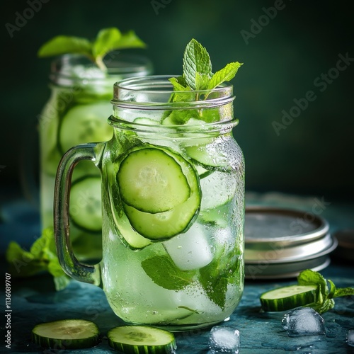 A refreshing glass of cucumber mint infused water garnished with cucumber slices and fresh mint leaves, Infused water served in a glass pitcher with ice cubes, Water droplets condensing on the glass photo