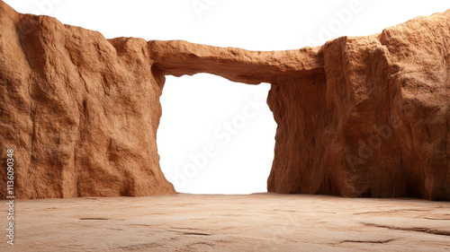 A natural rock formation featuring a prominent archway, set against a dark backdrop, showcasing earthy textures and a sandy floor.