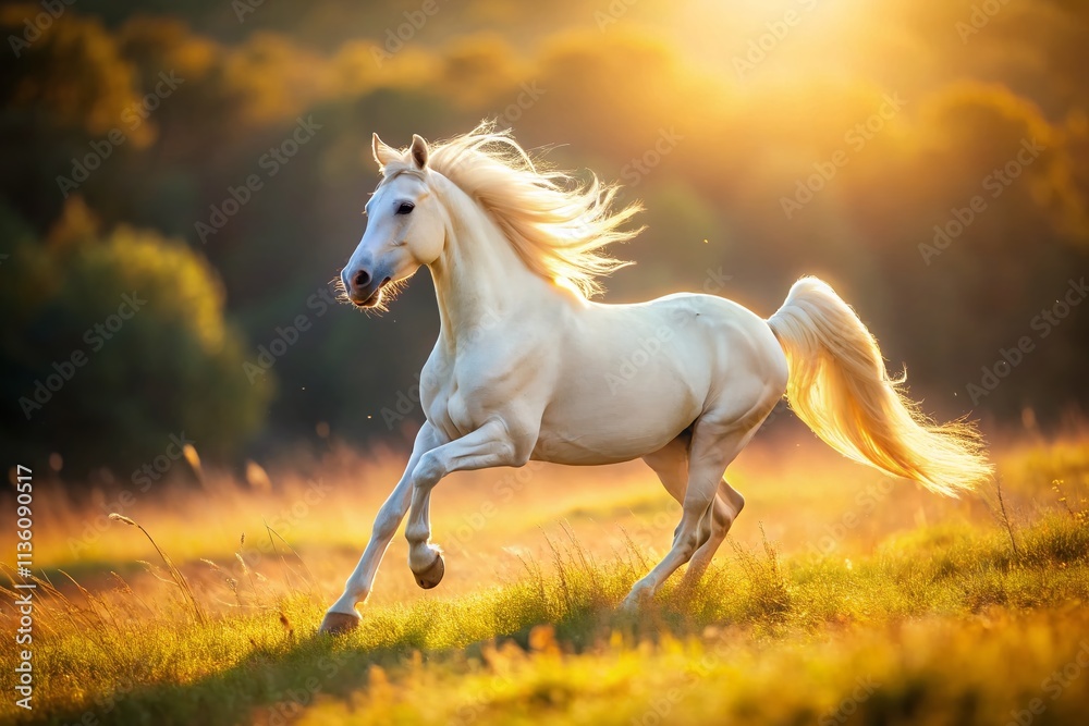 Cremello Mare Galloping Free: Elegant Tilt-Shift Pasture Photography Cremello Mare Galloping Free: Elegant Tilt-Shift Pasture Photography