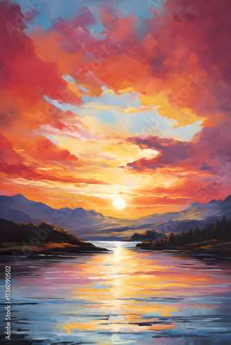 Landscape Acrylic Painting Stock Photo - Brilliant Sunset Over Calm Waters and Mountain Silhouette