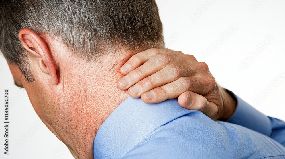 Fototapeta premium Tired individual massages neck office setting candid photo professional environment close-up view stress relief concept