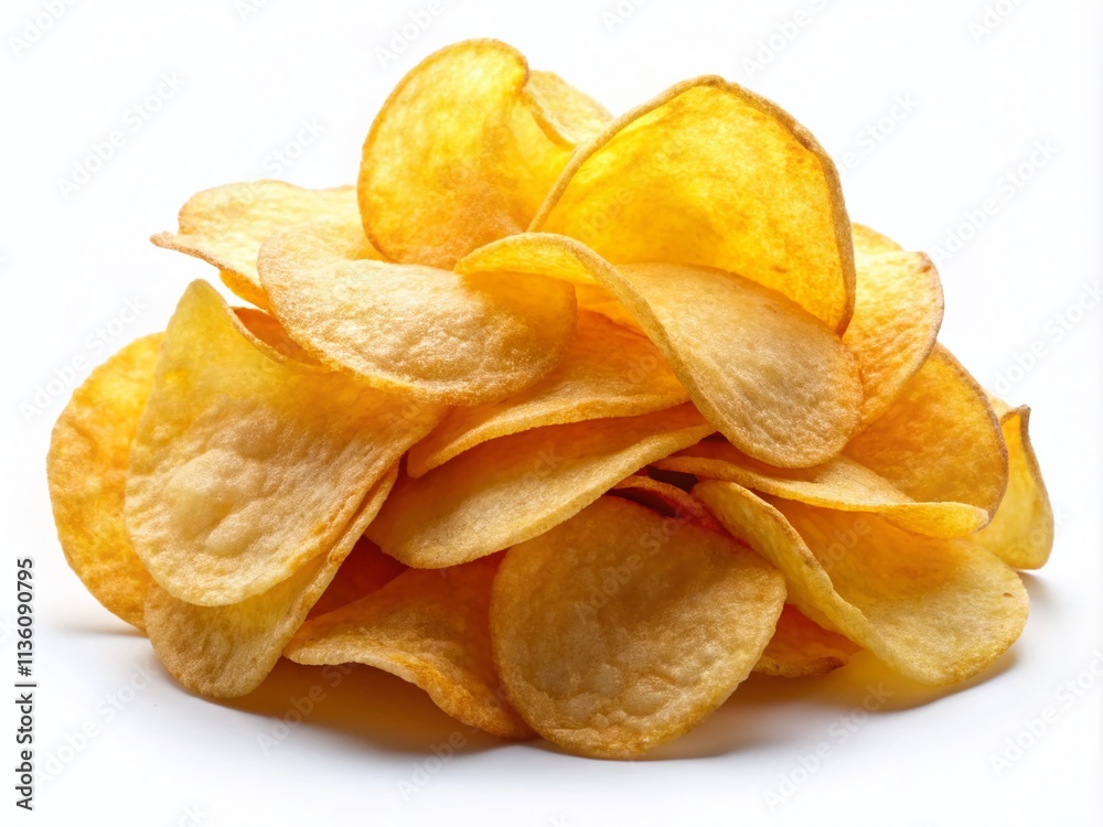 Crispy Potato Chips Isolated White Background: High-Resolution Images for Food Packaging & Advertising