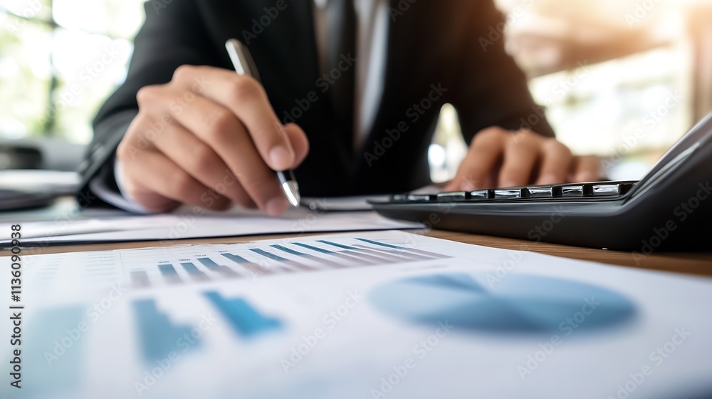 Businessman analyzing financial charts with pen at office desk : Generative AI Businessman analyzing financial charts with pen at office desk : Generative AI