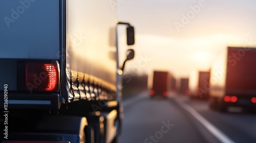 Fleet of Semi Trucks on Highway at Sunset Transportation Logistics and Freight Shipping Services : Generative AI photo