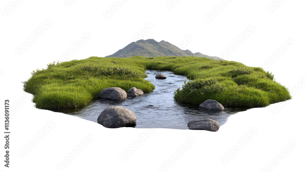 A serene landscape featuring a flowing stream surrounded by lush greenery and smooth stones. A serene landscape featuring a flowing stream surrounded by lush greenery and smooth stones.