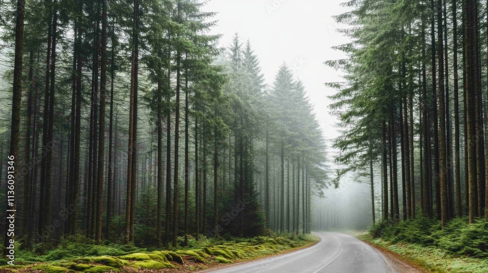 Obraz premium Misty Forest Road Nature Trees Pathway Travel Scenic