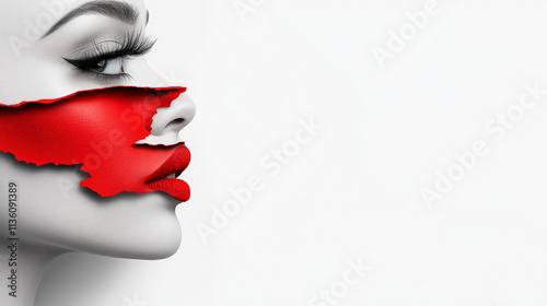 Unveiling Beauty: A captivating portrait of a woman with a red paper mask, revealing her face in a dramatic and alluring manner. The image is both enigmatic and sensual. photo