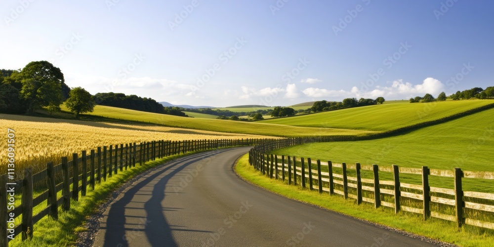 Naklejka premium Scenic Country Road Rolling Hills Farmland Fence Summer