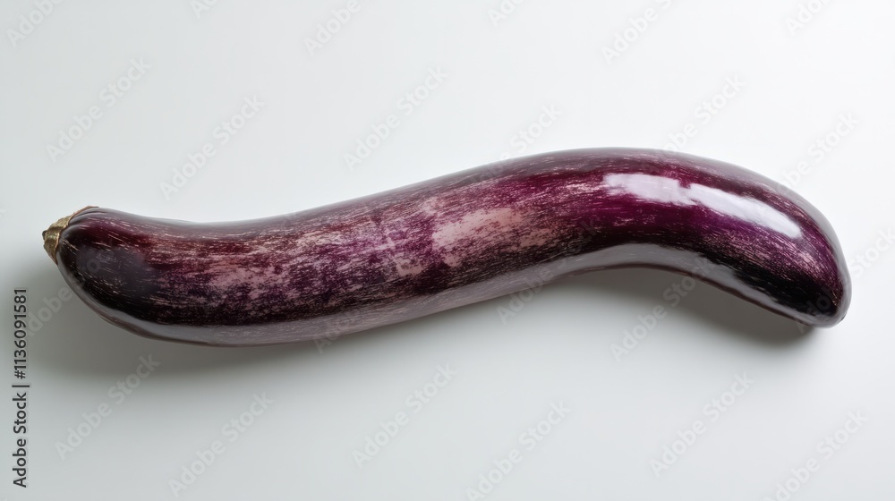 An elongated eggplant with a perfectly smooth surface, lying horizontally on a pristine white background