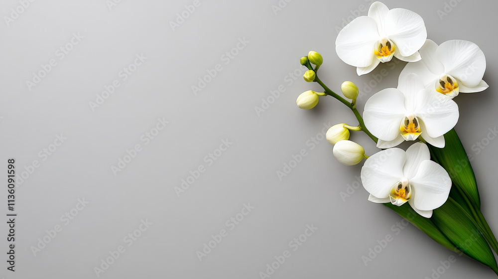 Elegant White Orchids: A serene and graceful display of white orchids with green leaves, arranged on a grey background. Elegant White Orchids: A serene and graceful display of white orchids with green leaves, arranged on a grey background.