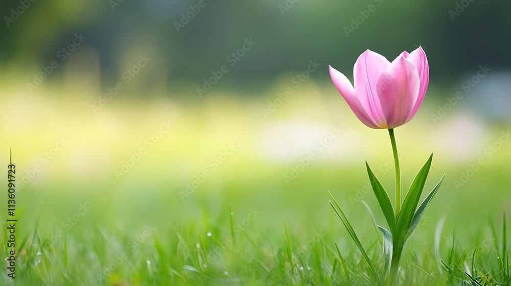 Single Pink Tulip Blooming in Green Meadow Under Gentle Sunlight : Generative AI Single Pink Tulip Blooming in Green Meadow Under Gentle Sunlight : Generative AI