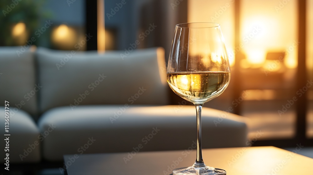 Elegant Glass of White Wine at Sunset in a Cozy Modern Lounge Interior : Generative AI Elegant Glass of White Wine at Sunset in a Cozy Modern Lounge Interior : Generative AI