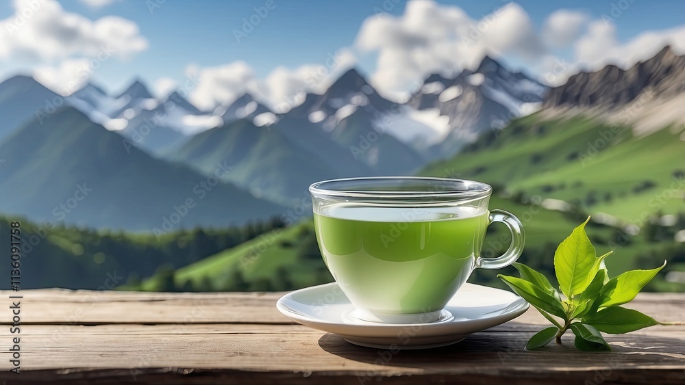A white cup of tea is placed on a wooden table in front of a picturesque mountain landscape. A leaf is placed on the table next to the cup, which is filled with a light green tea. A white cup of tea is placed on a wooden table in front of a picturesque mountain landscape. A leaf is placed on the table next to the cup, which is filled with a light green tea.