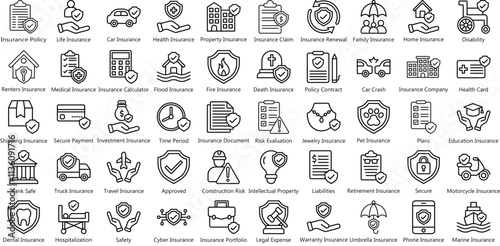 Insurance Icons Set in Outline Style 50 Vector Icons in Black