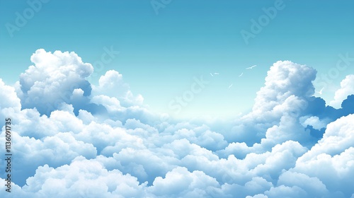 Serene Aerial View of Fluffy Clouds Against a Clear Blue Sky : Generative AI