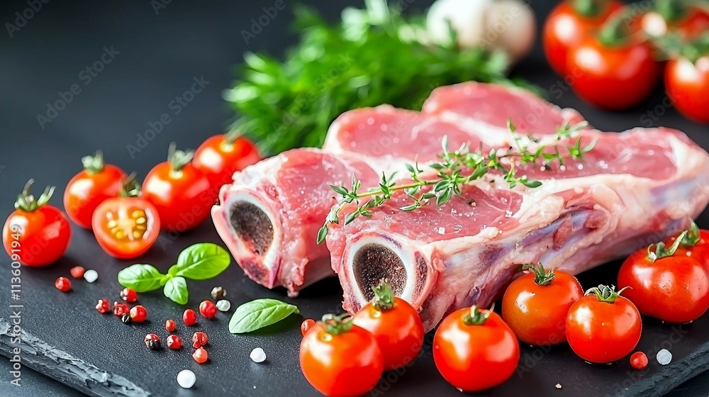 Fresh Meat and Cherry Tomatoes with Herbs on Black Background Fresh Meat and Cherry Tomatoes with Herbs on Black Background