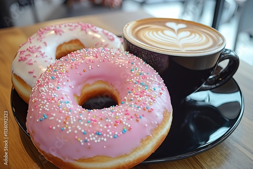 Delicious dessert. Pink, white and chocolate donuts with colorful sprinkles, a cup of black coffee with a beautiful design on the foam. 