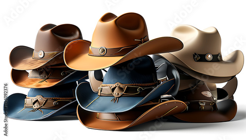 collection of stacked cowboy hats in various colors and styles, showcasing their unique designs and materials. Perfect for western themed events or fashion photo