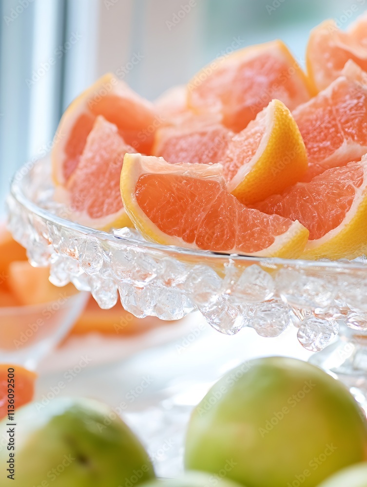 Sliced Fresh Grapefruit in Crystal Bowl on Sunlit Table : Generative AI Sliced Fresh Grapefruit in Crystal Bowl on Sunlit Table : Generative AI