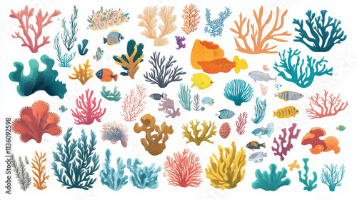 Seaweed and coral cartoon vector illustration set. Underwater ocean and aquarium plants and creatures. Various aquatic colorful marine algae and oceania sponge. Wildlife natural seabed flora.