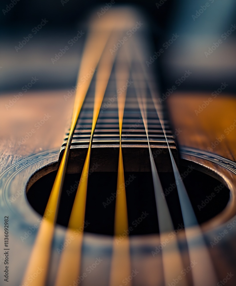 Fototapeta premium Closeup of acoustic guitar strings and sound hole with dramatic lighting : Generative AI