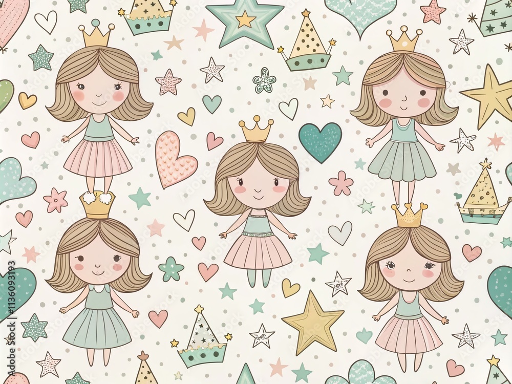Cute Pastel Little Princess Pattern for Children's Decor and Fashion, Featuring Adorable Hand Drawn Illustrations and Whimsical Elements for Playful Designs Cute Pastel Little Princess Pattern for Children's Decor and Fashion, Featuring Adorable Hand Drawn Illustrations and Whimsical Elements for Playful Designs