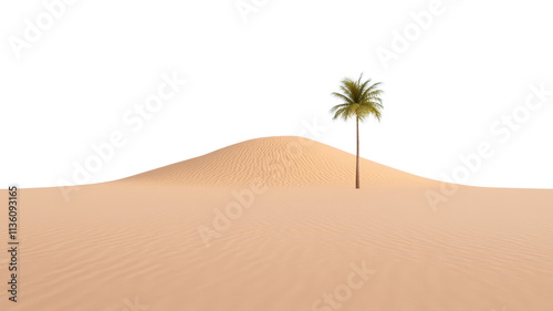 A solitary palm tree stands on a sandy dune against a stark black background, symbolizing isolation and resilience in a desert landscape.