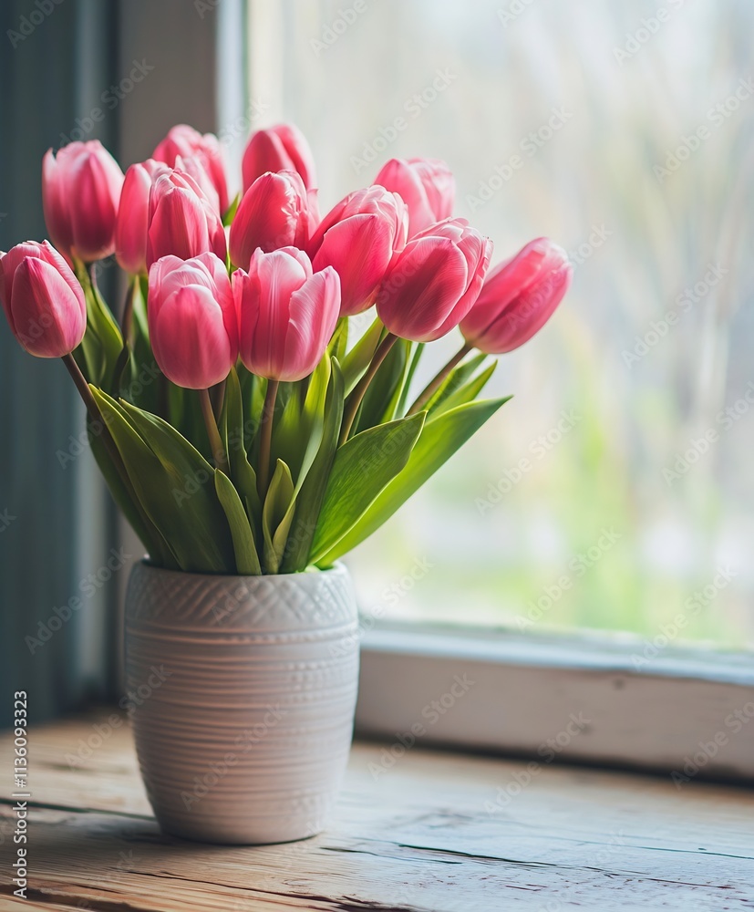 Pink tulips in white pot brighten windowsill with springtime charm : Generative AI Pink tulips in white pot brighten windowsill with springtime charm : Generative AI