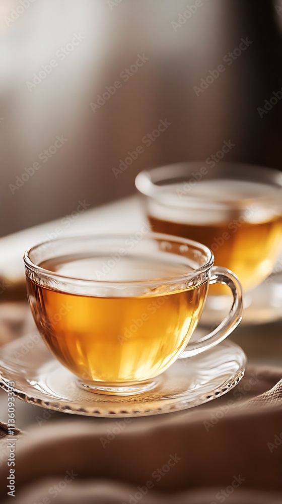 Elegant Tea Cups with Freshly Brewed Tea on Calm Morning : Generative AI Elegant Tea Cups with Freshly Brewed Tea on Calm Morning : Generative AI