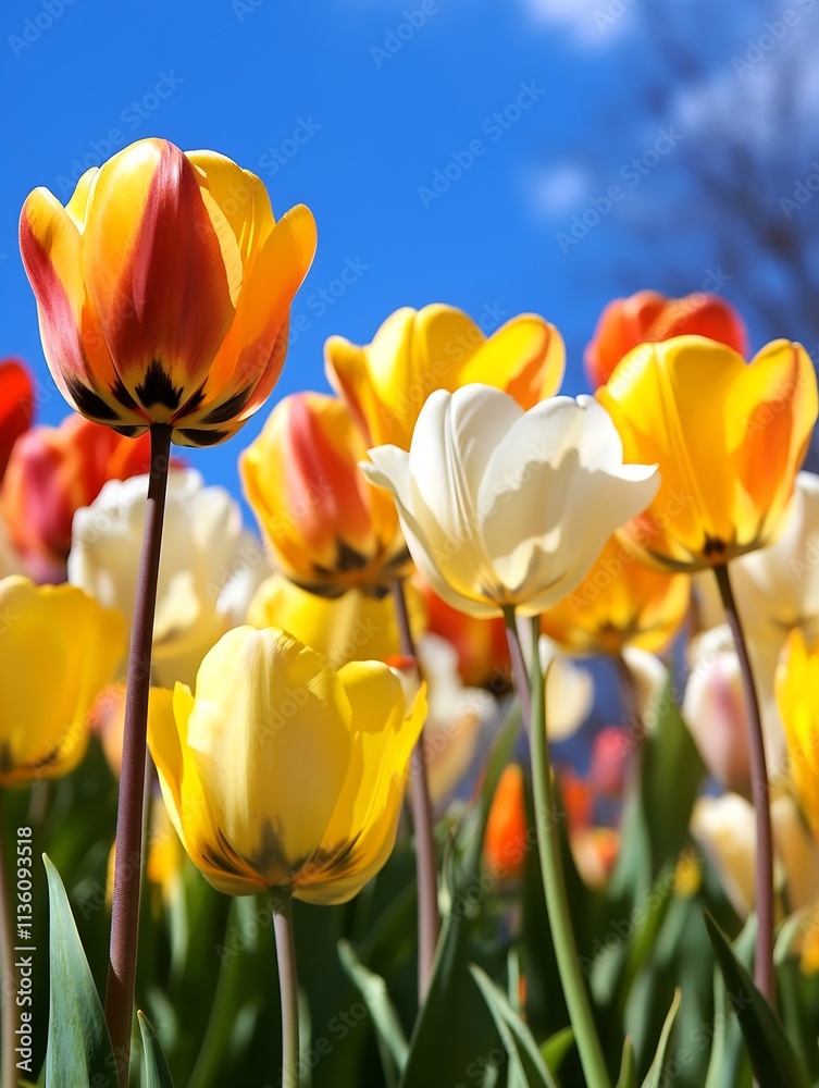 Bright and Cheerful MultiColored Tulip Field Under Clear Blue Sky in Springtime : Generative AI Bright and Cheerful MultiColored Tulip Field Under Clear Blue Sky in Springtime : Generative AI