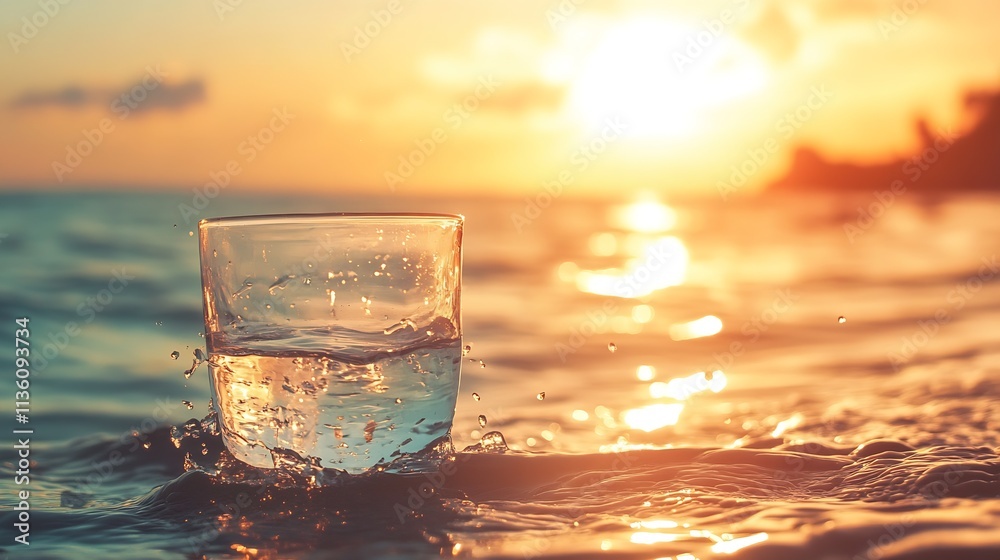 Closeup of Refreshing Glass of Water with Splashing Ocean Waves at Sunset : Generative AI Closeup of Refreshing Glass of Water with Splashing Ocean Waves at Sunset : Generative AI