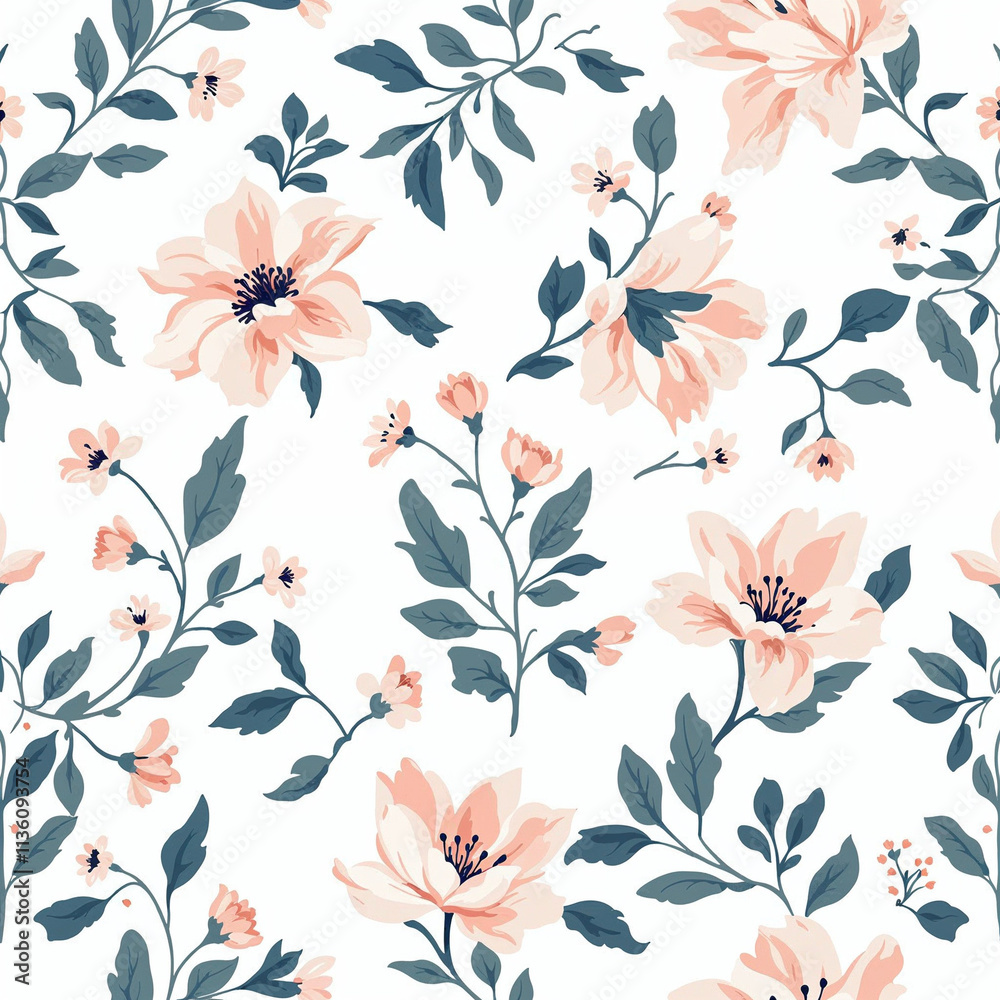 Fototapeta premium Seamless pattern with flowers and leaves, floral background, romantic background