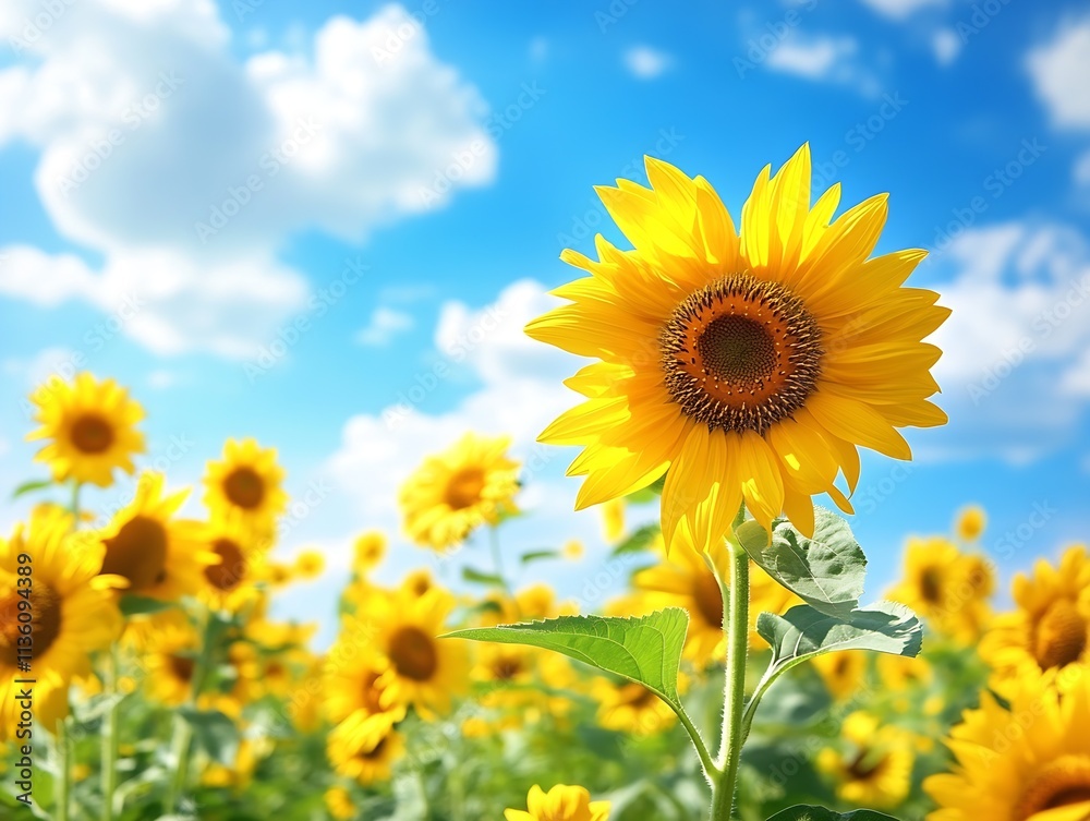 Vibrant Sunflower Field Under Blue Sky on a Sunny Day : Generative AI Vibrant Sunflower Field Under Blue Sky on a Sunny Day : Generative AI