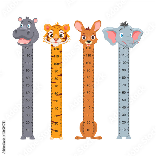 Funny Rulers for children height measurement, growth meter Kids with cute animals Hippopotamus, Tiger, Kangaroo, Elephant.