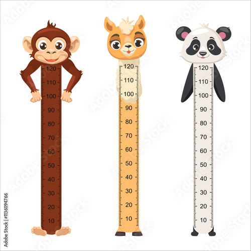 Set of cute wall rulers for children height measurement with monkey, llama, panda. Children Growth Meter. Kids height chart with cute animals.