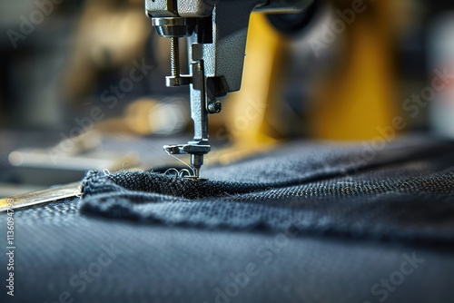 A sewing machine is in use, with a piece of fabric being sewn