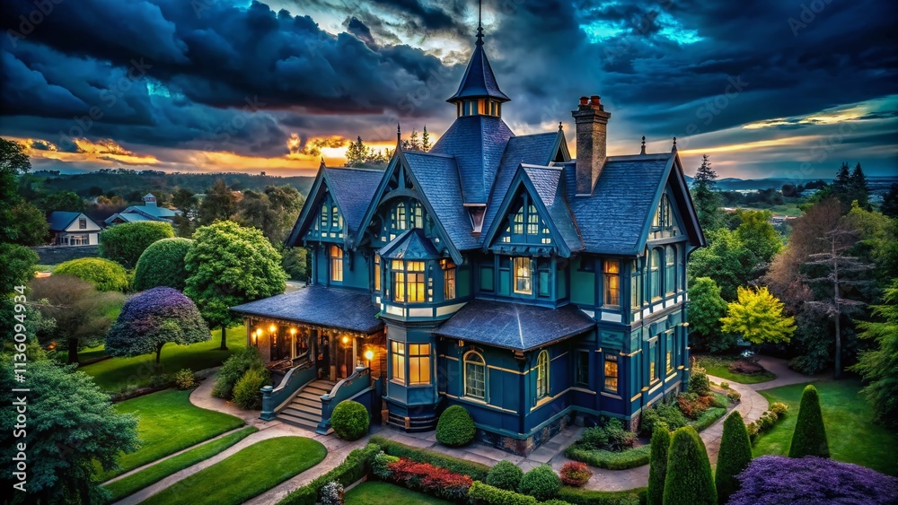 Obraz premium Dark Blue Victorian House Aerial Photography: Stunning Birds-Eye View of Gothic Architecture