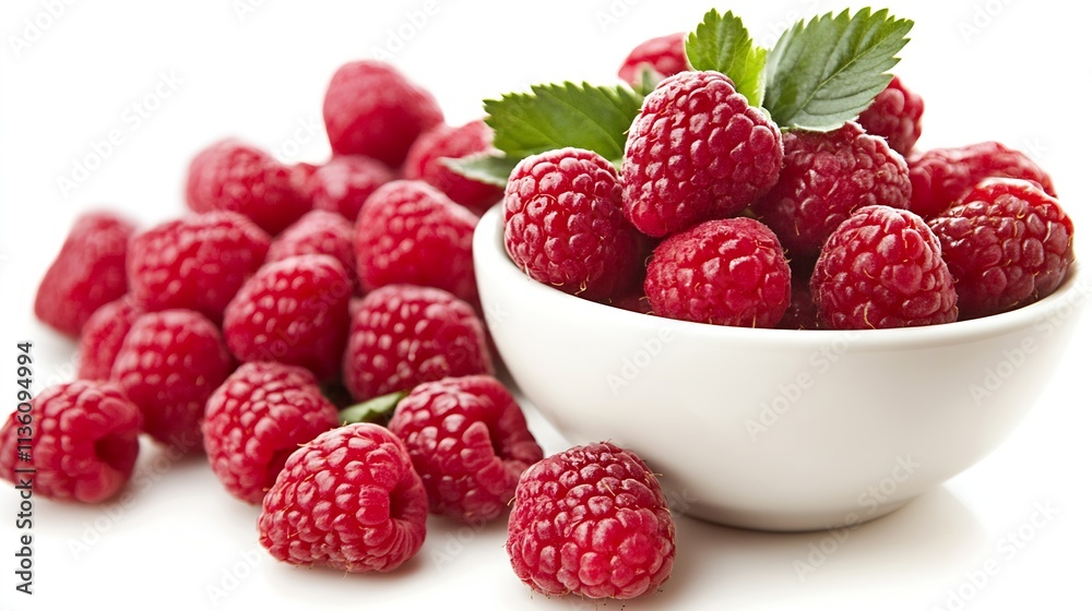 Ripe Red Raspberries in White Ceramic Bowl with Fresh Mint Leaves on Clean White Background : Generative AI Ripe Red Raspberries in White Ceramic Bowl with Fresh Mint Leaves on Clean White Background : Generative AI