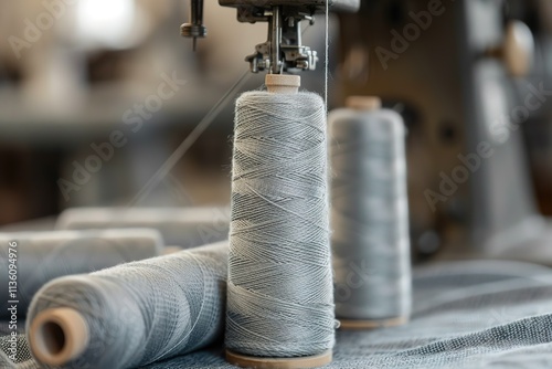 A spool of thread is being used to make a garment