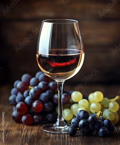 Elegant Wine Glass with Red and White Grapes on Wooden Table CloseUp : Generative AI