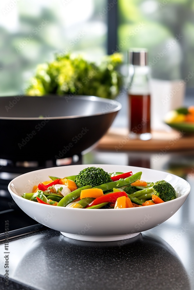 Healthy Colorful Broccoli and Pepper Vegetable Bowl on Modern Kitchen Counter : Generative AI Healthy Colorful Broccoli and Pepper Vegetable Bowl on Modern Kitchen Counter : Generative AI