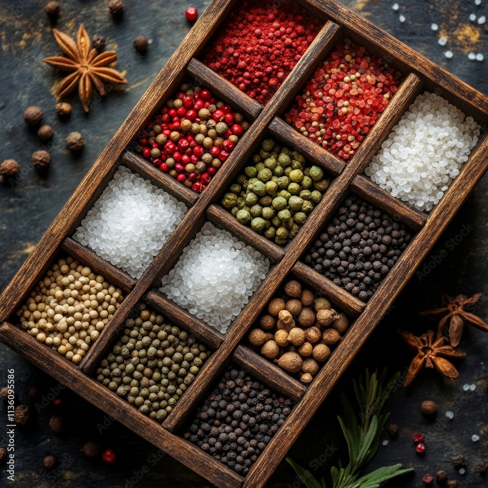 Boxed rice and spice: pepper, salt, allspice, coriander