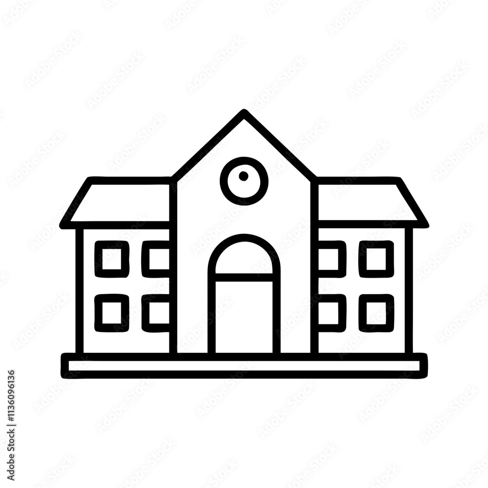 school building icon, back to school line art, education icon - simple black line art icon of school building, symbolizing back to school celebrations. education vector art.