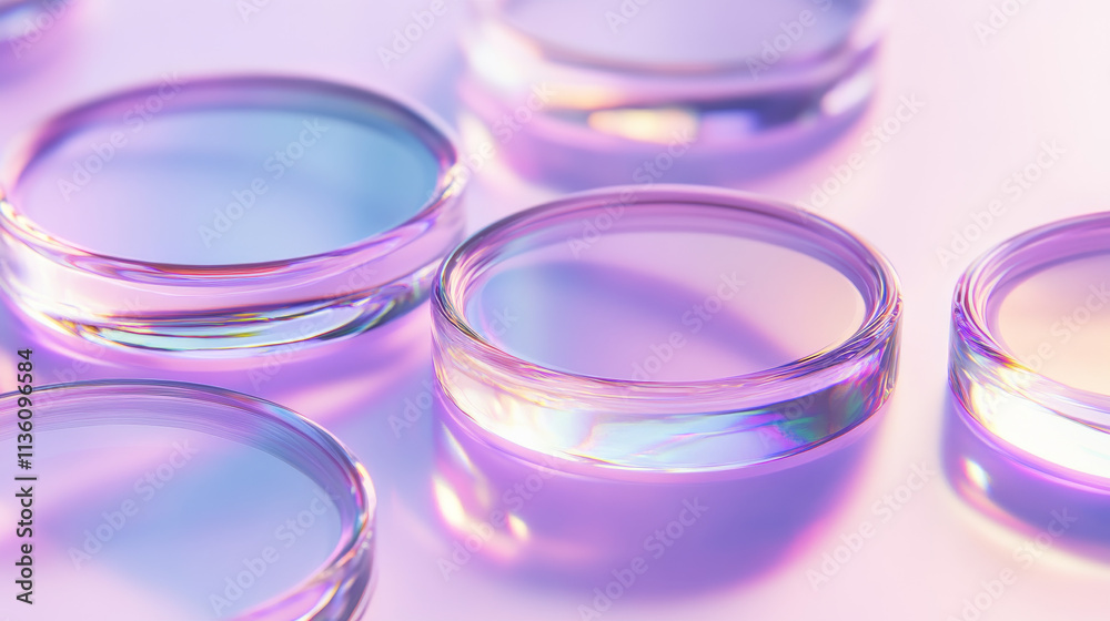 3d crystal glass texture shape with holographic gradient. Isolated vector circle and square object set on transparent background. Float glossy round disc illustration with realistic reflection.