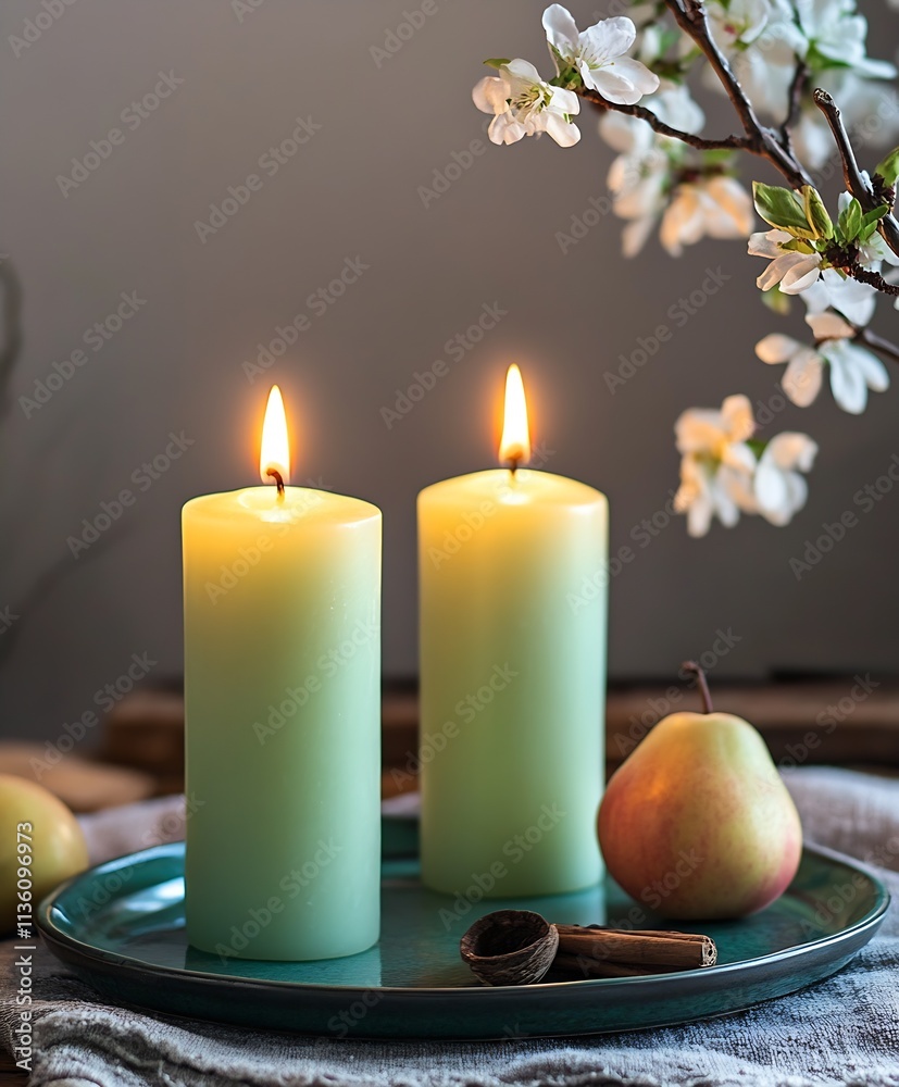 Warm Candlelit Ambiance with Pear and Blossom Spring Decor Setting : Generative AI Warm Candlelit Ambiance with Pear and Blossom Spring Decor Setting : Generative AI