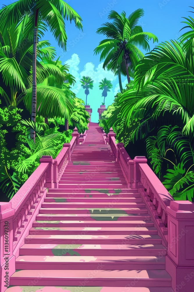Pink Staircase Ascending Through Lush Tropical Foliage Pink Staircase Ascending Through Lush Tropical Foliage