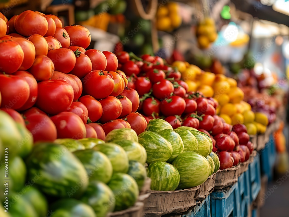 Vibrant Tomato and Melon Display at Lively Street Market : Generative AI Vibrant Tomato and Melon Display at Lively Street Market : Generative AI