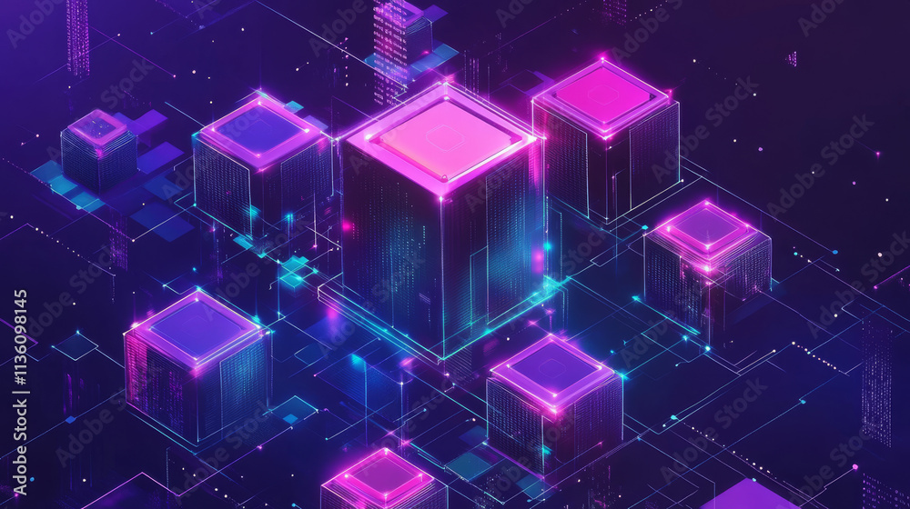 Data servers room, database storage and network communication. Concept of digital technologies, blockchain and web communication system, vector cartoon illustration