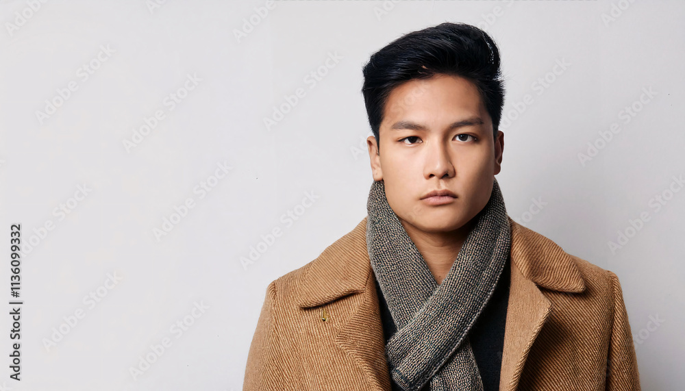 Fototapeta premium A young male hipster gazes directly into the camera, exuding confidence and style. He sports a chic, warm coat and a cozy scarf, embodying urban fashion against a bright backdrop
