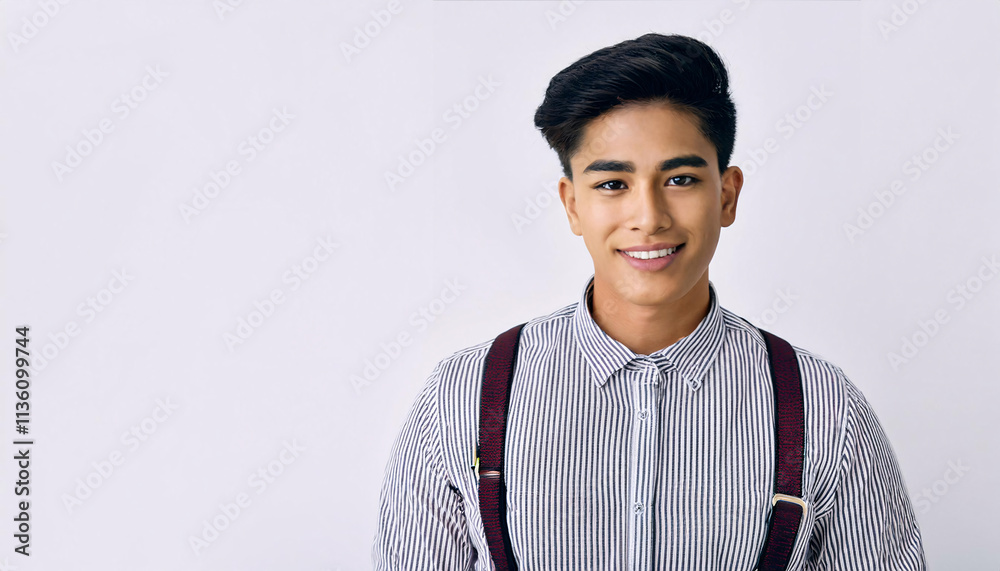 Cropped tightly on a bright white backdrop, a young male hipster shines with charm, wearing stylish suspenders and a striped shirt Cropped tightly on a bright white backdrop, a young male hipster shines with charm, wearing stylish suspenders and a striped shirt